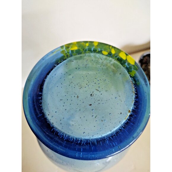 Murano Vintage Hand Blown Blue Forced Bubble Art Glass Vase Green/Yellow - Picture 8 of 14